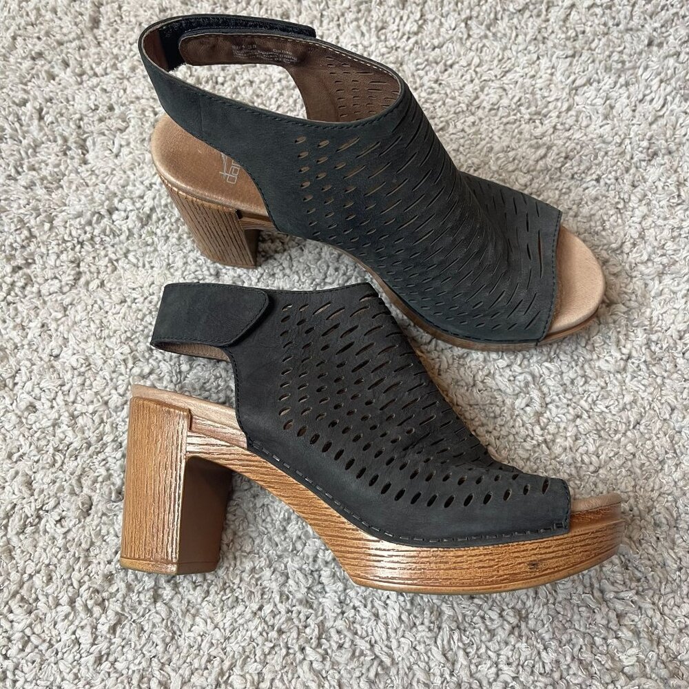 Dansko Black Perforated Leather Slingback Sandal with Wood-Tone Heel
